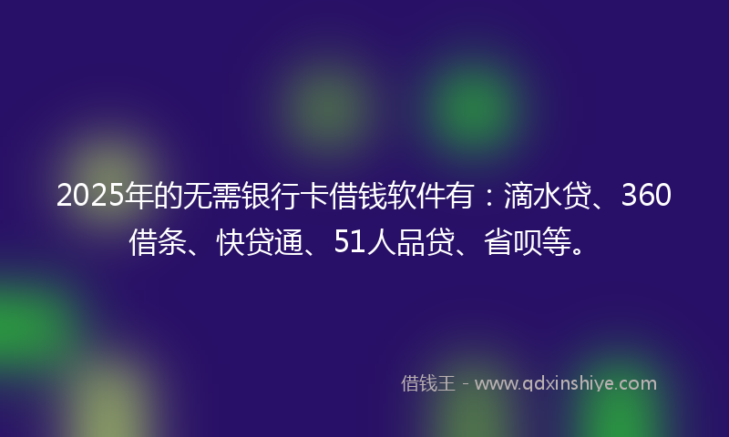 2025年的无需银行卡借钱软件有：滴水贷、360借条、快贷通、51人品贷、省呗等。