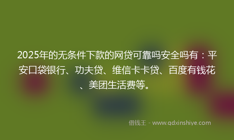 2025年的无条件下款的网贷可靠吗安全吗有：平安口袋银行、功夫贷、维信卡卡贷、百度有钱花、美团生活费等。