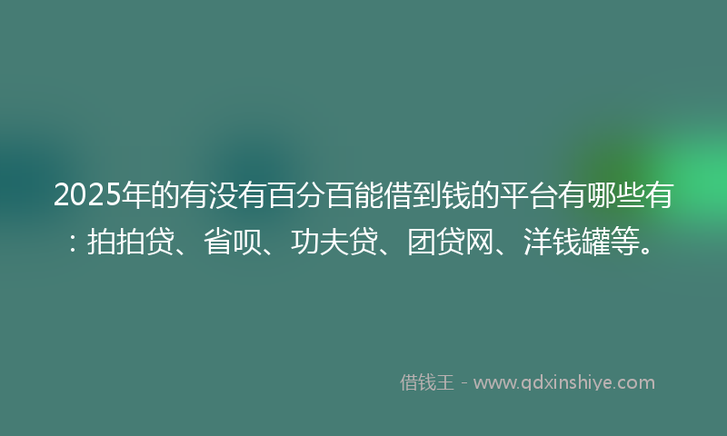 2025年的有没有百分百能借到钱的平台有哪些有：拍拍贷、省呗、功夫贷、团贷网、洋钱罐等。