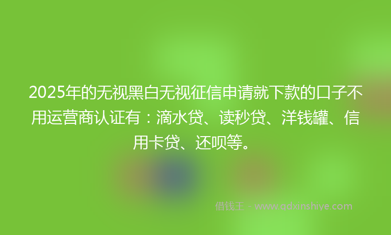 2025年的无视黑白无视征信申请就下款的口子不用运营商认证有：滴水贷、读秒贷、洋钱罐、信用卡贷、还呗等。