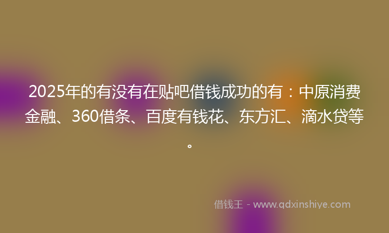 2025年的有没有在贴吧借钱成功的有：中原消费金融、360借条、百度有钱花、东方汇、滴水贷等。