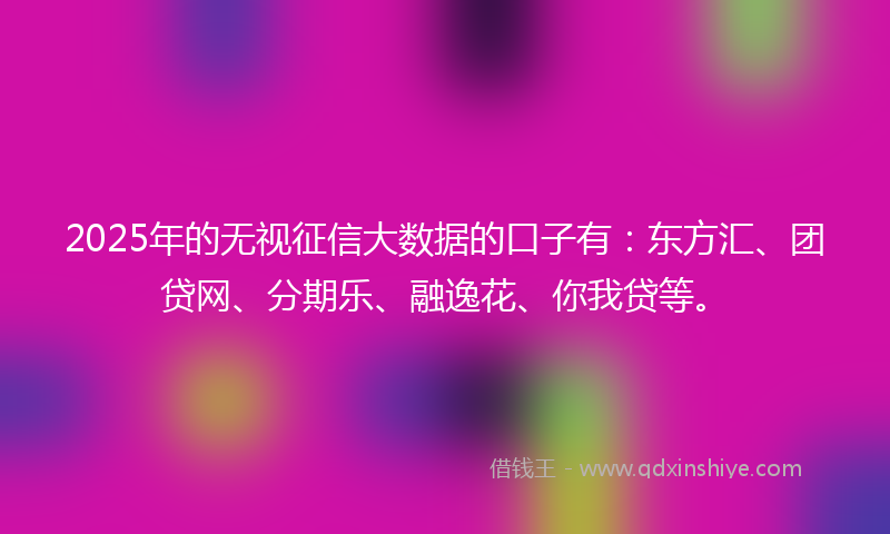 2025年的无视征信大数据的口子有：东方汇、团贷网、分期乐、融逸花、你我贷等。