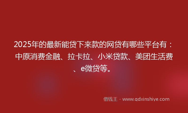 2025年的最新能贷下来款的网贷有哪些平台有：中原消费金融、拉卡拉、小米贷款、美团生活费、e微贷等。