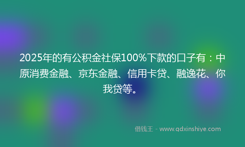 2025年的有公积金社保100%下款的口子有：中原消费金融、京东金融、信用卡贷、融逸花、你我贷等。