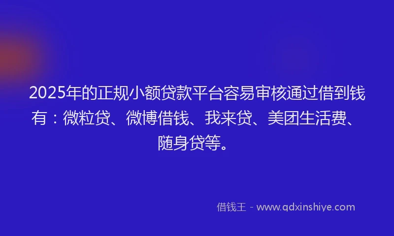 2025年的正规小额贷款平台容易审核通过借到钱有：微粒贷、微博借钱、我来贷、美团生活费、随身贷等。