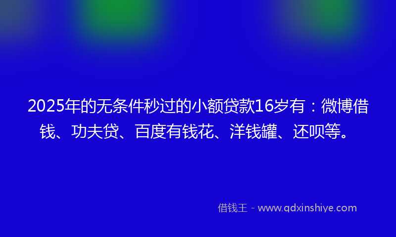 2025年的无条件秒过的小额贷款16岁有：微博借钱、功夫贷、百度有钱花、洋钱罐、还呗等。