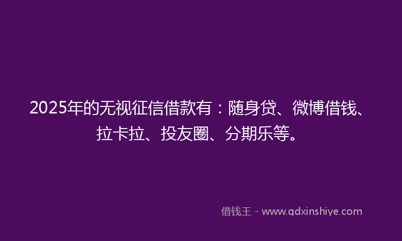 2025年的无视征信借款有：随身贷、微博借钱、拉卡拉、投友圈、分期乐等。