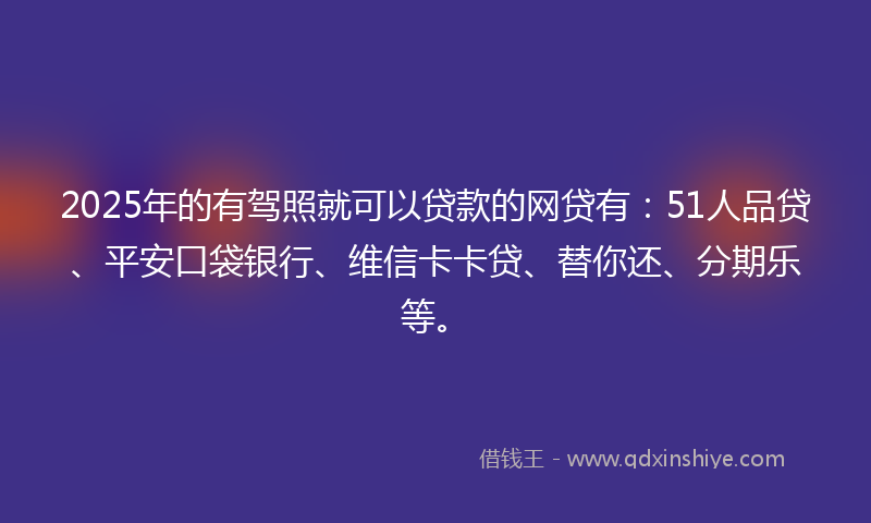 2025年的有驾照就可以贷款的网贷有：51人品贷、平安口袋银行、维信卡卡贷、替你还、分期乐等。