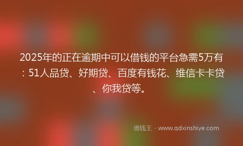 2025年的正在逾期中可以借钱的平台急需5万有:51人品贷、好期贷、百度有钱花、维信卡卡贷、你我贷等。