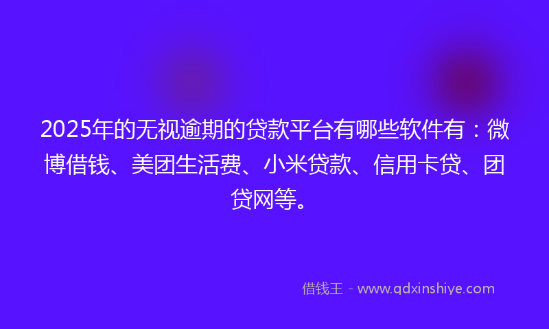 2025年的无视逾期的贷款平台有哪些软件有：微博借钱、美团生活费、小米贷款、信用卡贷、团贷网等。