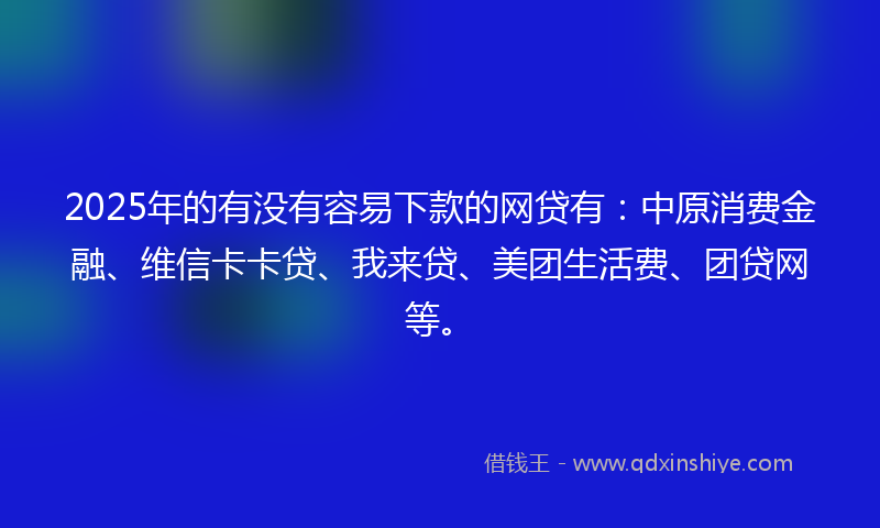 2025年的有没有容易下款的网贷有：中原消费金融、维信卡卡贷、我来贷、美团生活费、团贷网等。