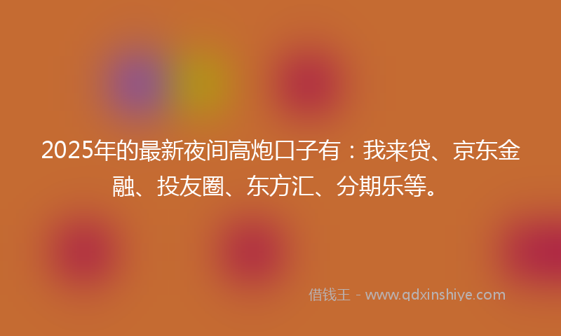 2025年的最新夜间高炮口子有：我来贷、京东金融、投友圈、东方汇、分期乐等。