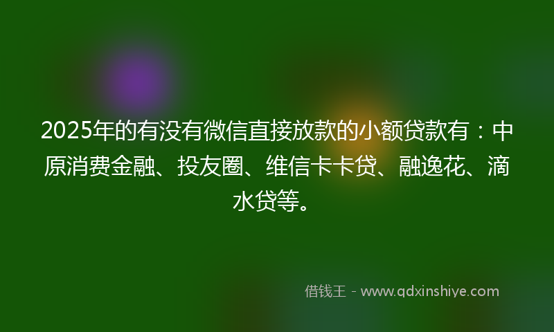 2025年的有没有微信直接放款的小额贷款有：中原消费金融、投友圈、维信卡卡贷、融逸花、滴水贷等。
