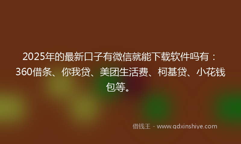 2025年的最新口子有微信就能下载软件吗有：360借条、你我贷、美团生活费、柯基贷、小花钱包等。