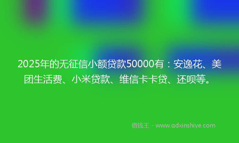 2025年的无征信小额贷款50000有：安逸花、美团生活费、小米贷款、维信卡卡贷、还呗等。