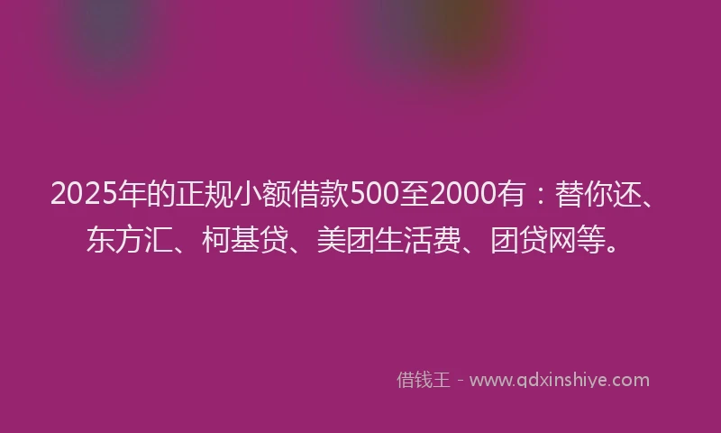 2025年的正规小额借款500至2000有：替你还、东方汇、柯基贷、美团生活费、团贷网等。