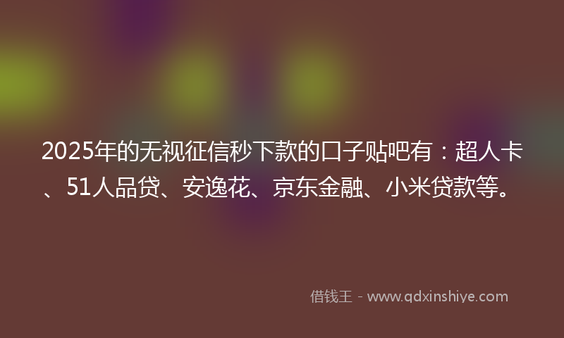 2025年的无视征信秒下款的口子贴吧有：超人卡、51人品贷、安逸花、京东金融、小米贷款等。