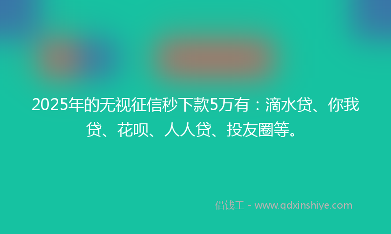 2025年的无视征信秒下款5万有：滴水贷、你我贷、花呗、人人贷、投友圈等。