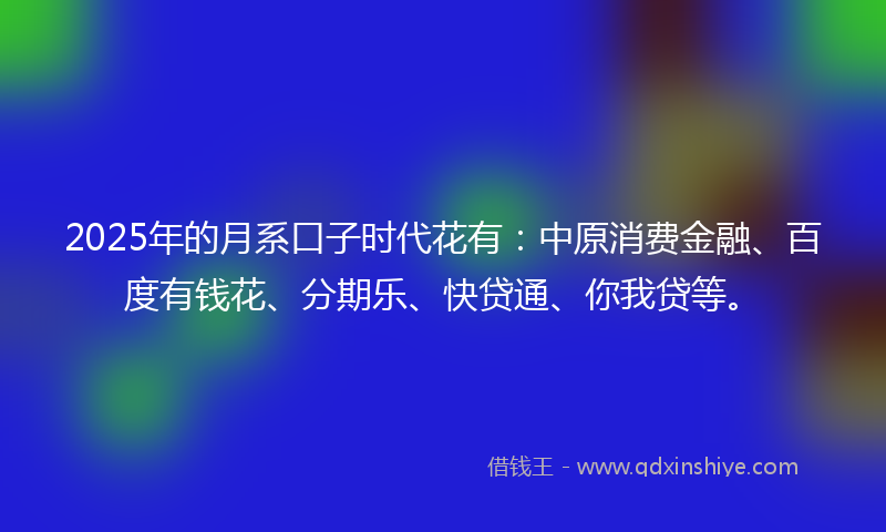 2025年的月系口子时代花有：中原消费金融、百度有钱花、分期乐、快贷通、你我贷等。