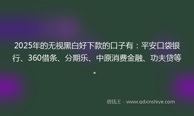 2025年的无视黑白好下款的口子有：平安口袋银行、360借条、分期乐、中原消费金融、功夫贷等。