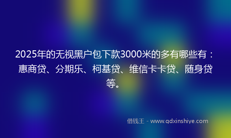 2025年的无视黑户包下款3000米的多有哪些有：惠商贷、分期乐、柯基贷、维信卡卡贷、随身贷等。