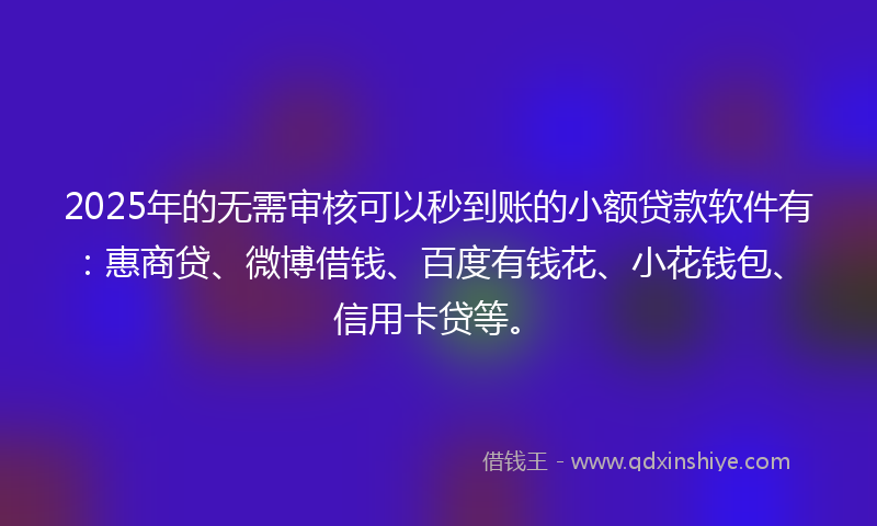 2025年的无需审核可以秒到账的小额贷款软件有：惠商贷、微博借钱、百度有钱花、小花钱包、信用卡贷等。