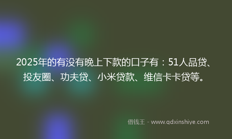 2025年的有没有晚上下款的口子有：51人品贷、投友圈、功夫贷、小米贷款、维信卡卡贷等。