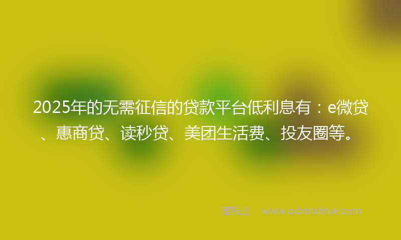 2025年的无需征信的贷款平台低利息有：e微贷、惠商贷、读秒贷、美团生活费、投友圈等。