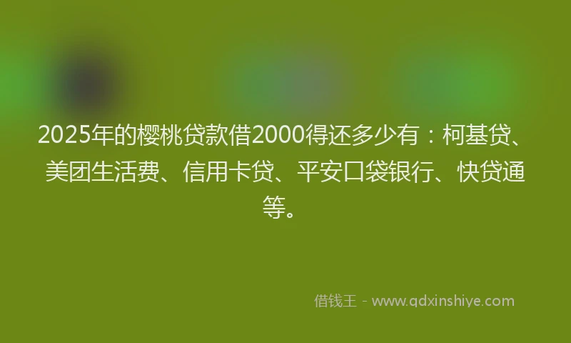 2025年的樱桃贷款借2000得还多少有：柯基贷、美团生活费、信用卡贷、平安口袋银行、快贷通等。