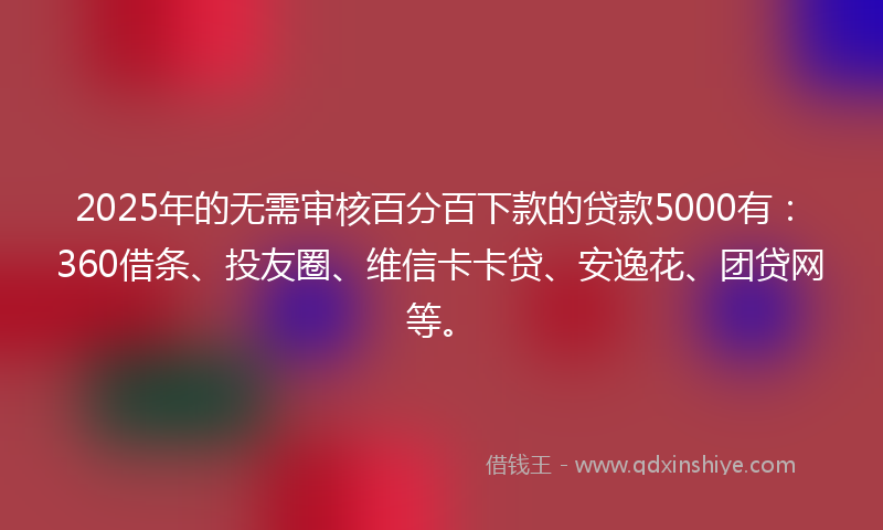 2025年的无需审核百分百下款的贷款5000有：360借条、投友圈、维信卡卡贷、安逸花、团贷网等。
