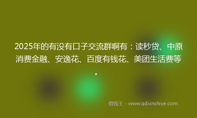 2025年的有没有口子交流群啊有：读秒贷、中原消费金融、安逸花、百度有钱花、美团生活费等。
