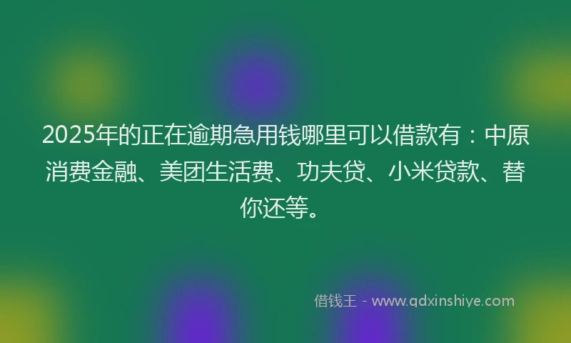 2025年的正在逾期急用钱哪里可以借款有：中原消费金融、美团生活费、功夫贷、小米贷款、替你还等。