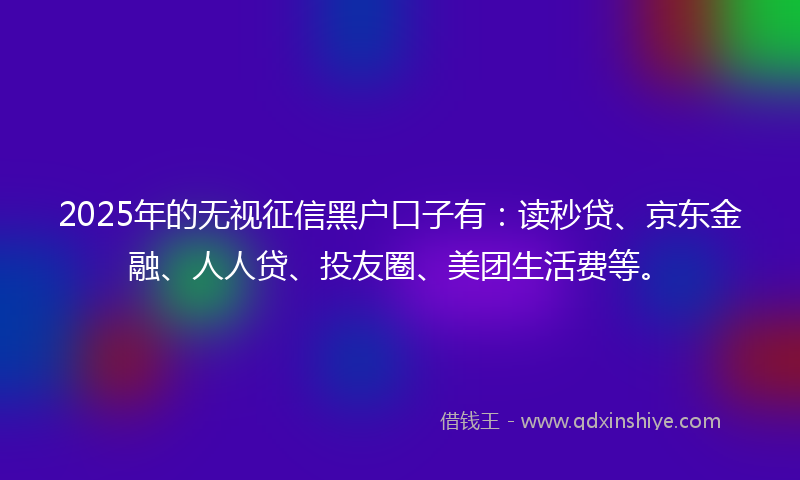 2025年的无视征信黑户口子有：读秒贷、京东金融、人人贷、投友圈、美团生活费等。