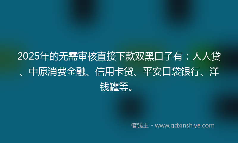 2025年的无需审核直接下款双黑口子有：人人贷、中原消费金融、信用卡贷、平安口袋银行、洋钱罐等。