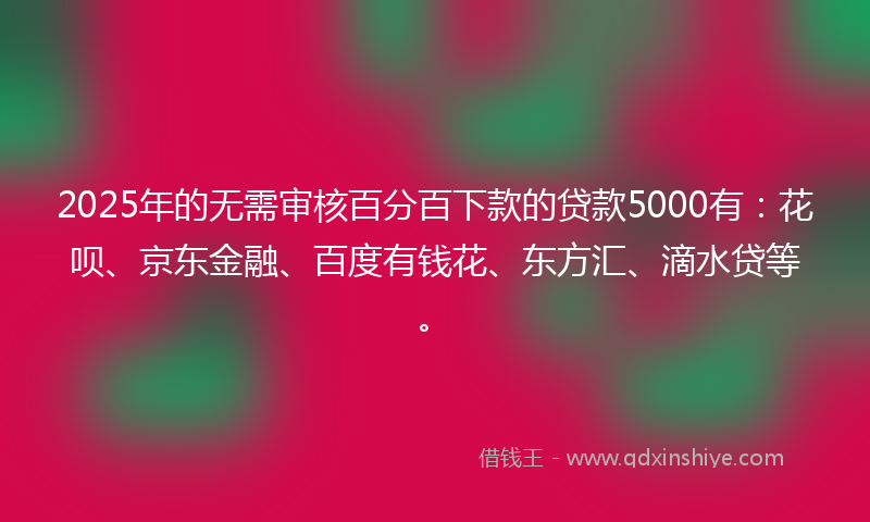 2025年的无需审核百分百下款的贷款5000有：花呗、京东金融、百度有钱花、东方汇、滴水贷等。