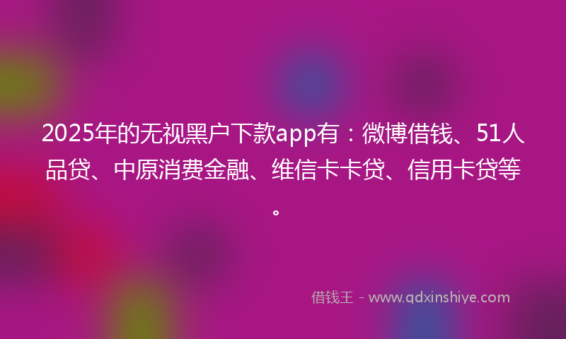 2025年的无视黑户下款app有：微博借钱、51人品贷、中原消费金融、维信卡卡贷、信用卡贷等。