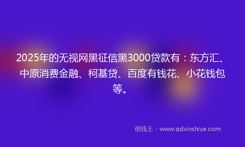 2025年的无视网黑征信黑3000贷款有：东方汇、中原消费金融、柯基贷、百度有钱花、小花钱包等。