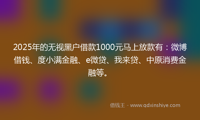 2025年的无视黑户借款1000元马上放款有：微博借钱、度小满金融、e微贷、我来贷、中原消费金融等。