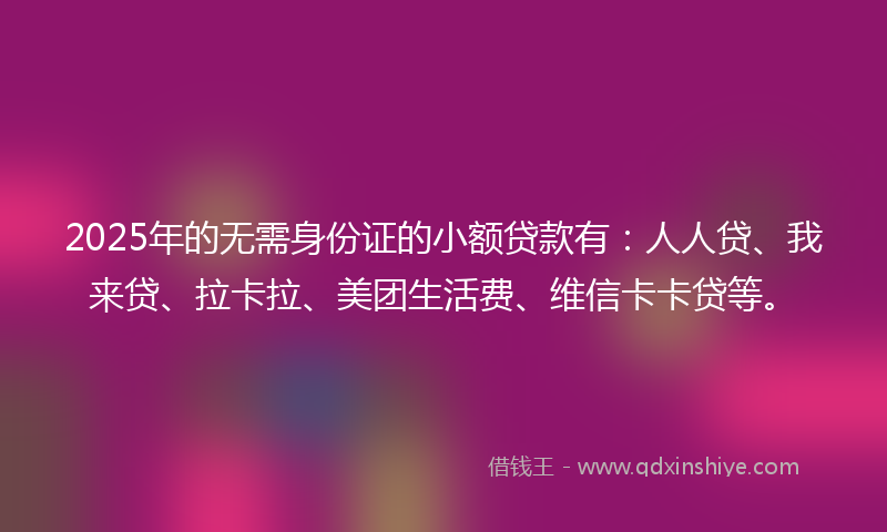 2025年的无需身份证的小额贷款有：人人贷、我来贷、拉卡拉、美团生活费、维信卡卡贷等。