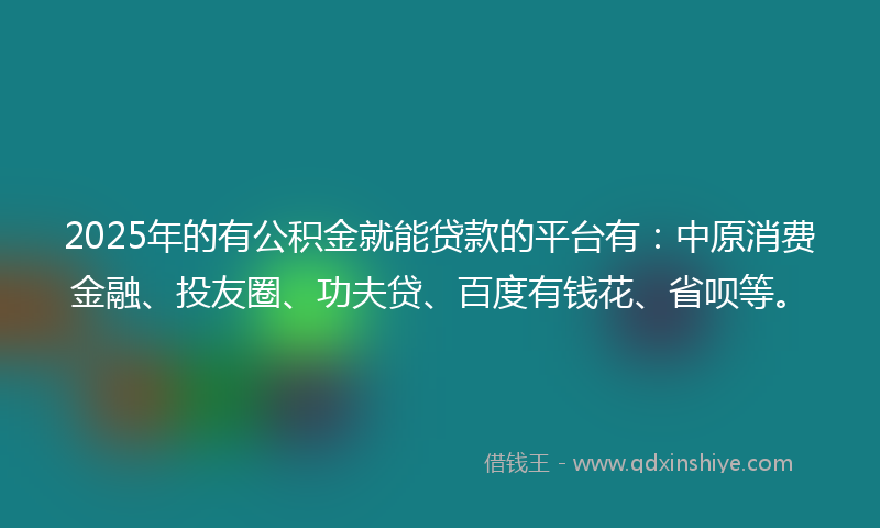 2025年的有公积金就能贷款的平台有：中原消费金融、投友圈、功夫贷、百度有钱花、省呗等。