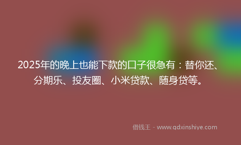2025年的晚上也能下款的口子很急有：替你还、分期乐、投友圈、小米贷款、随身贷等。