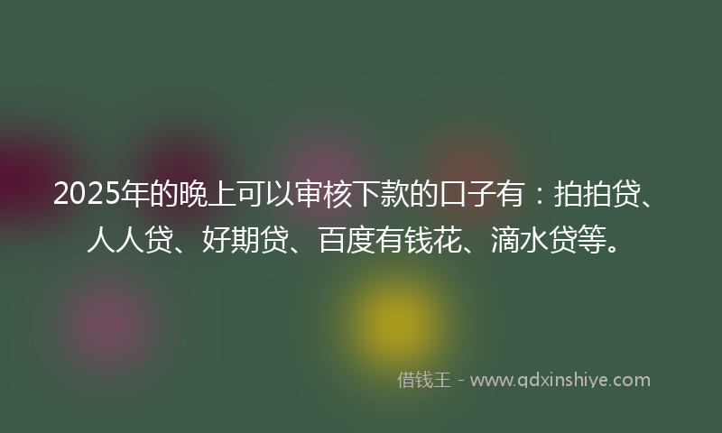 2025年的晚上可以审核下款的口子有：拍拍贷、人人贷、好期贷、百度有钱花、滴水贷等。