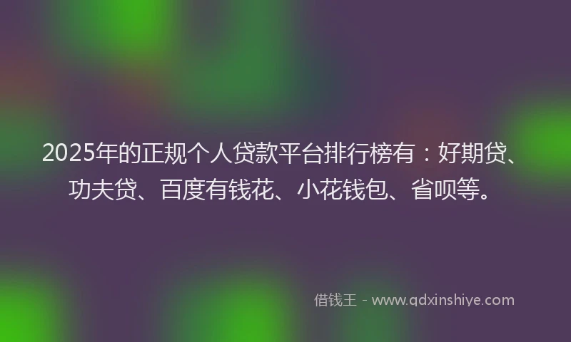 2025年的正规个人贷款平台排行榜有：好期贷、功夫贷、百度有钱花、小花钱包、省呗等。