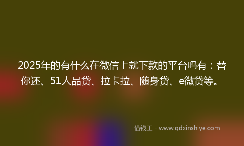 2025年的有什么在微信上就下款的平台吗有：替你还、51人品贷、拉卡拉、随身贷、e微贷等。