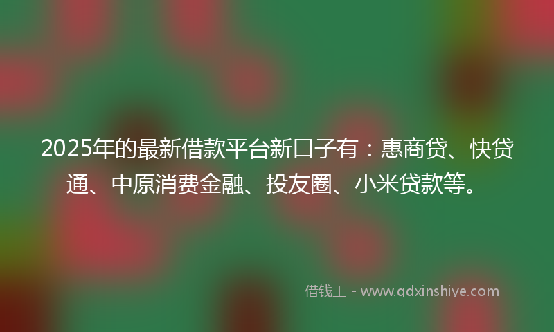 2025年的最新借款平台新口子有：惠商贷、快贷通、中原消费金融、投友圈、小米贷款等。