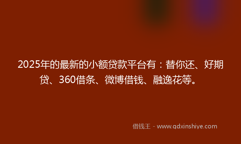 2025年的最新的小额贷款平台有：替你还、好期贷、360借条、微博借钱、融逸花等。