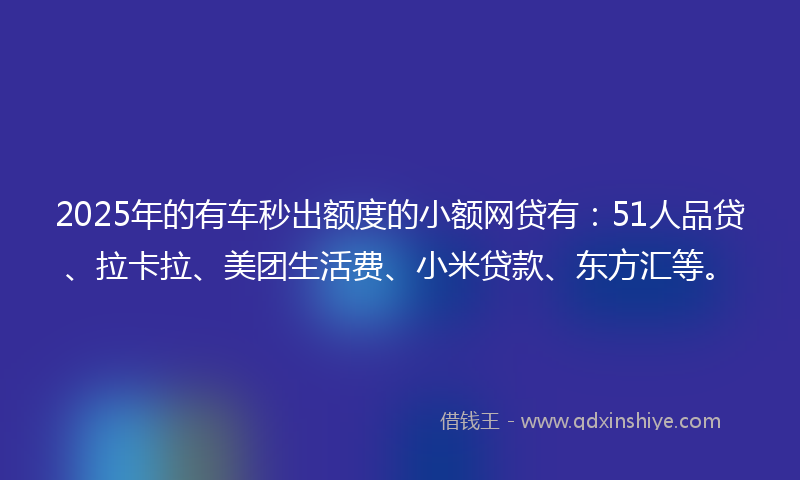 2025年的有车秒出额度的小额网贷有：51人品贷、拉卡拉、美团生活费、小米贷款、东方汇等。