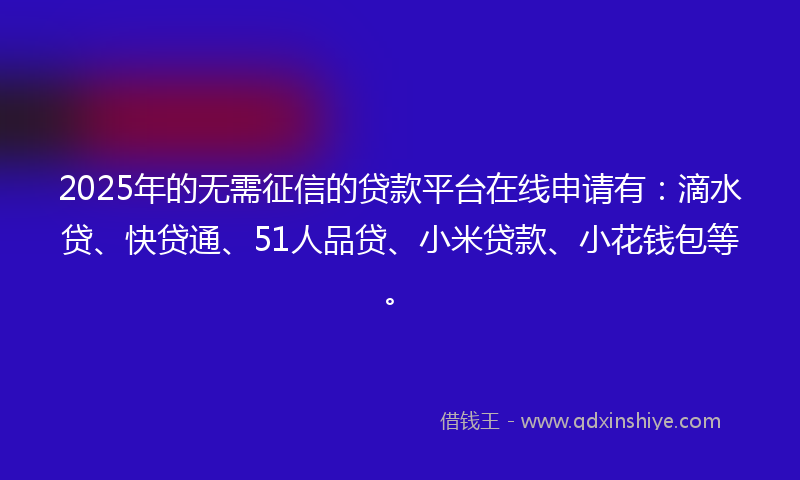 2025年的无需征信的贷款平台在线申请有：滴水贷、快贷通、51人品贷、小米贷款、小花钱包等。
