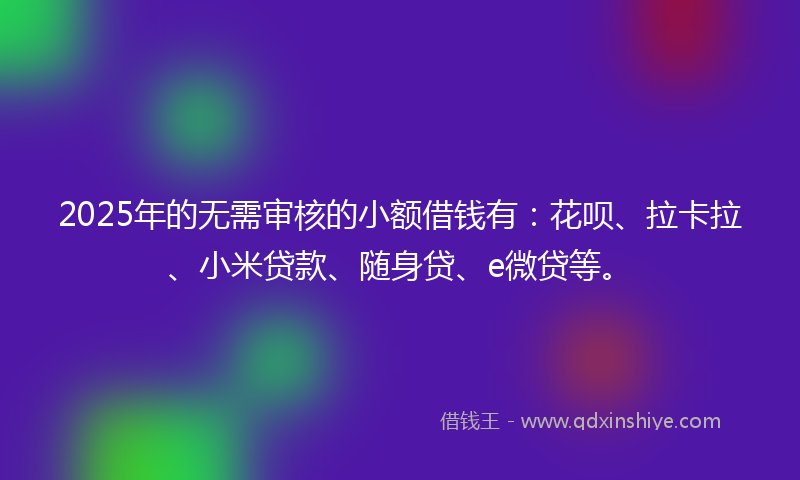 2025年的无需审核的小额借钱有：花呗、拉卡拉、小米贷款、随身贷、e微贷等。