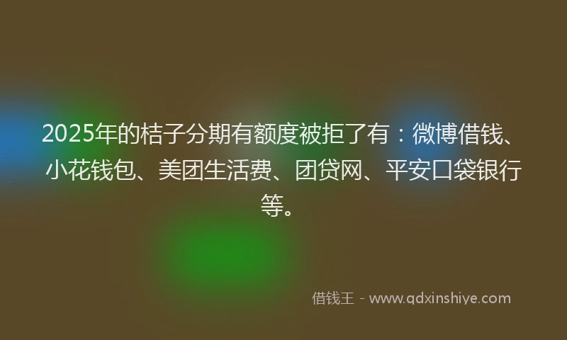 2025年的桔子分期有额度被拒了有：微博借钱、小花钱包、美团生活费、团贷网、平安口袋银行等。